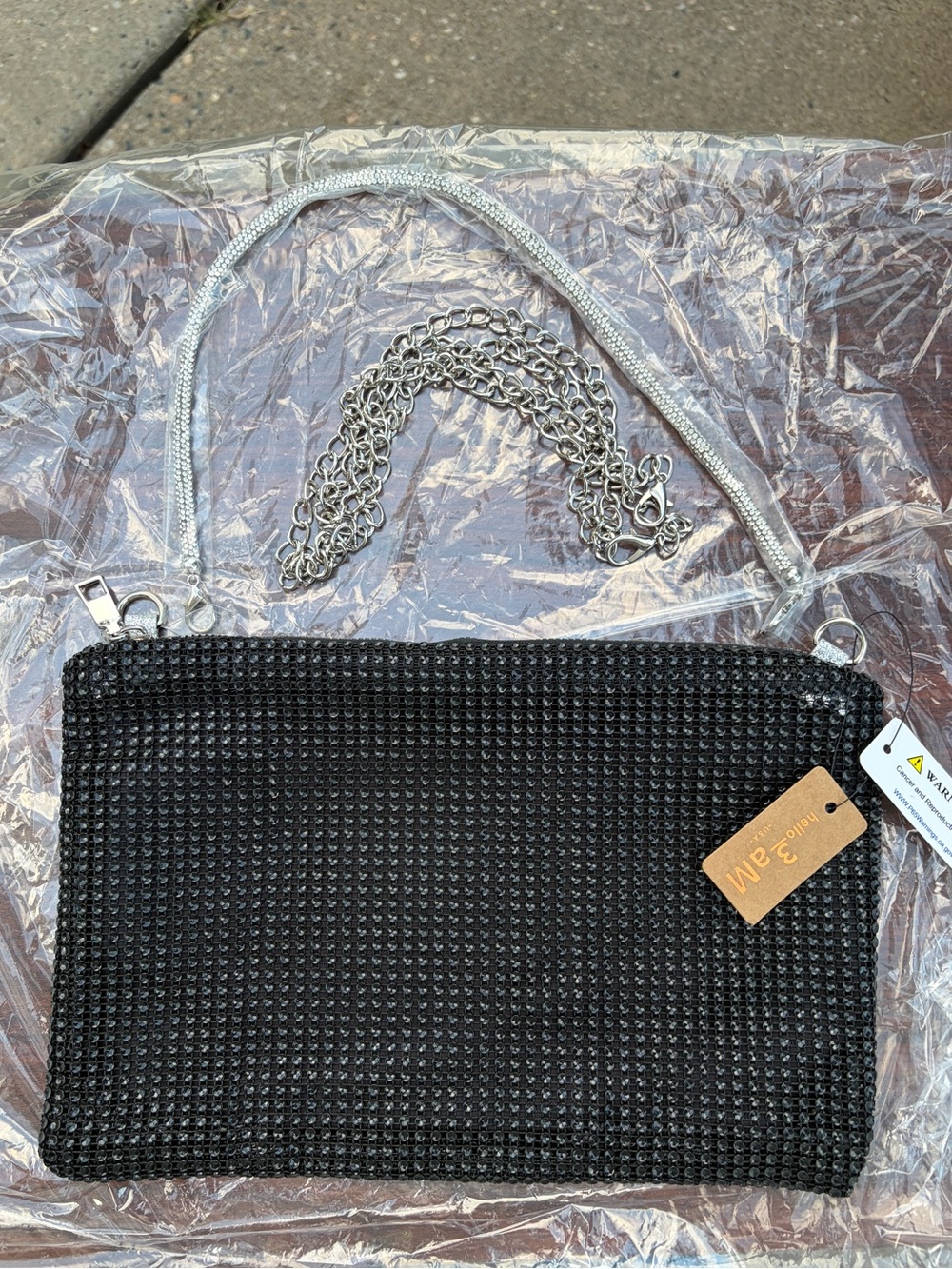 Hello 3 AM Black Rhinestone Clutch Crossbody Purse Chain Strap NWT